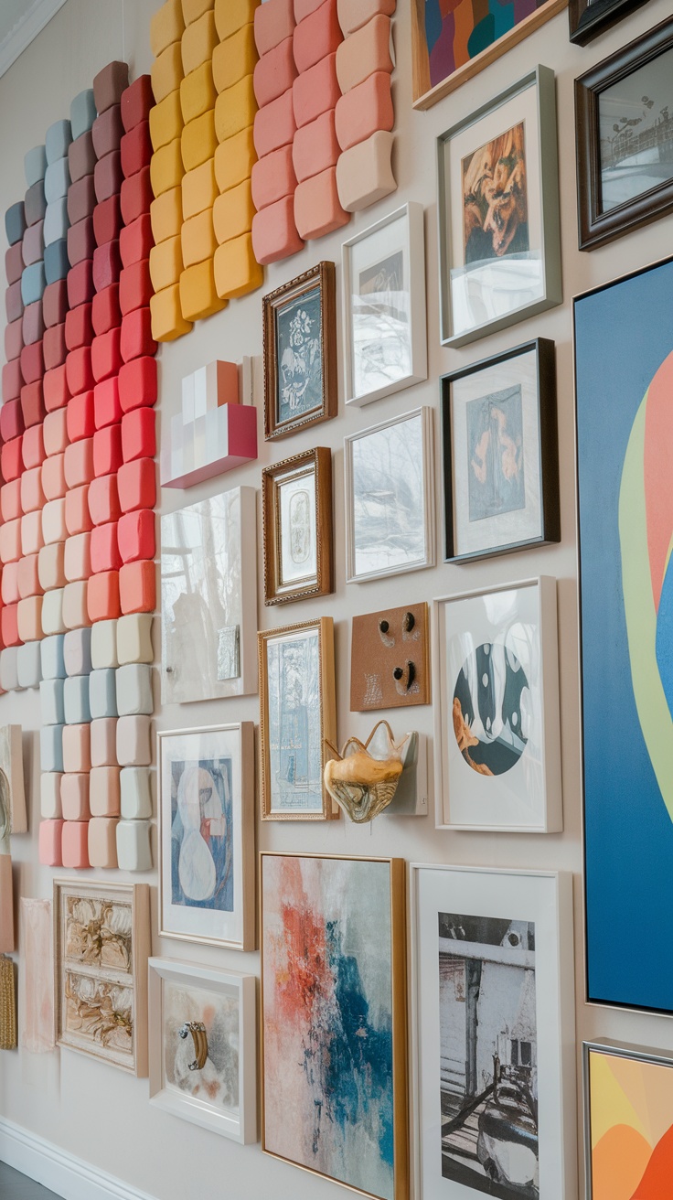 A vibrant gallery wall featuring various frames and artworks in a coordinated color scheme.