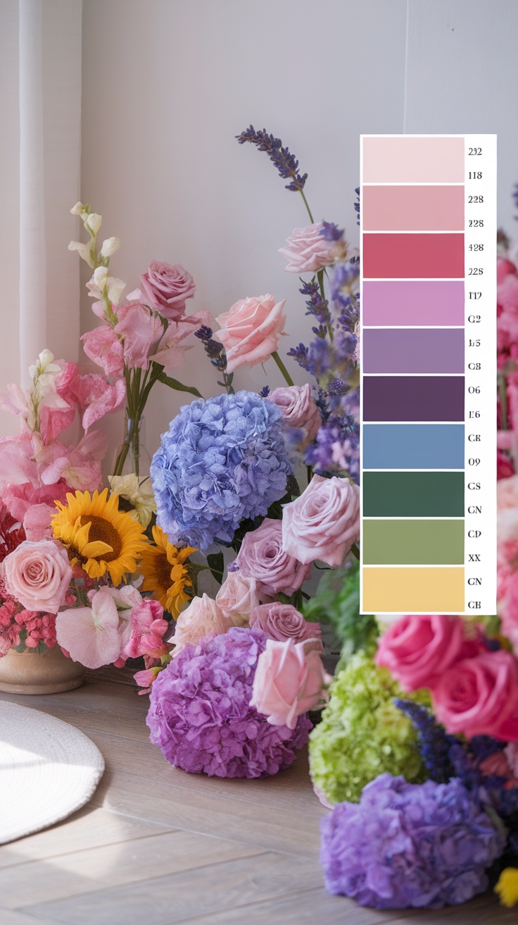 An array of colorful flowers with a color palette guide beside it.