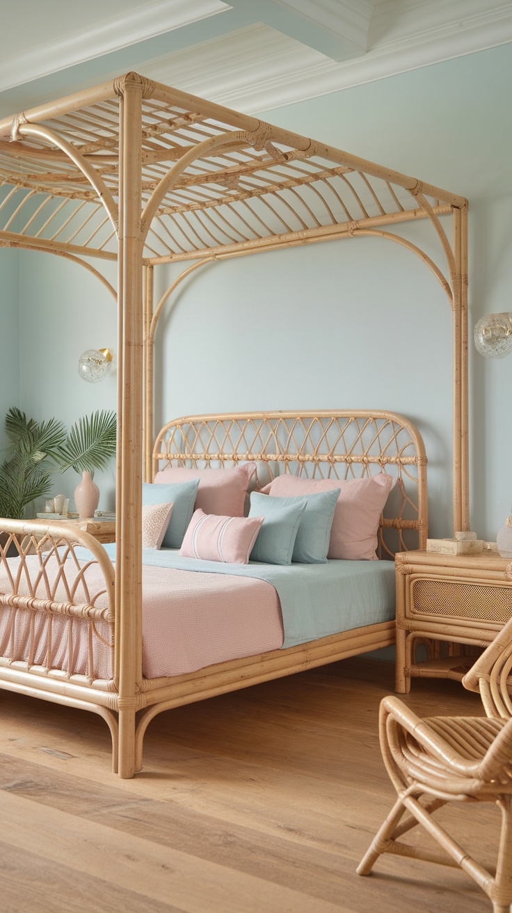 A rattan bedroom featuring a bed with pastel-colored bedding and a light blue wall.