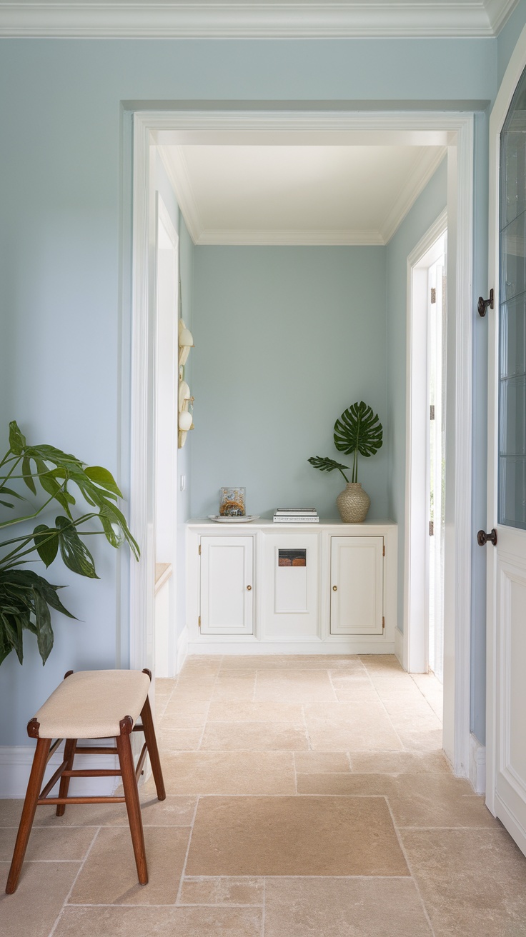 A serene entryway with light blue walls, a plant, and stylish decor.