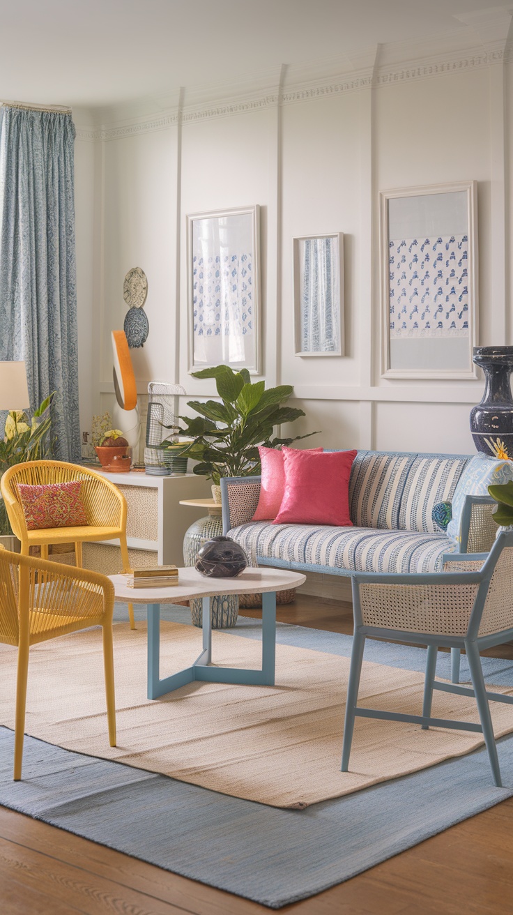 A bright and airy living room featuring blue and white decor with colorful accessories.