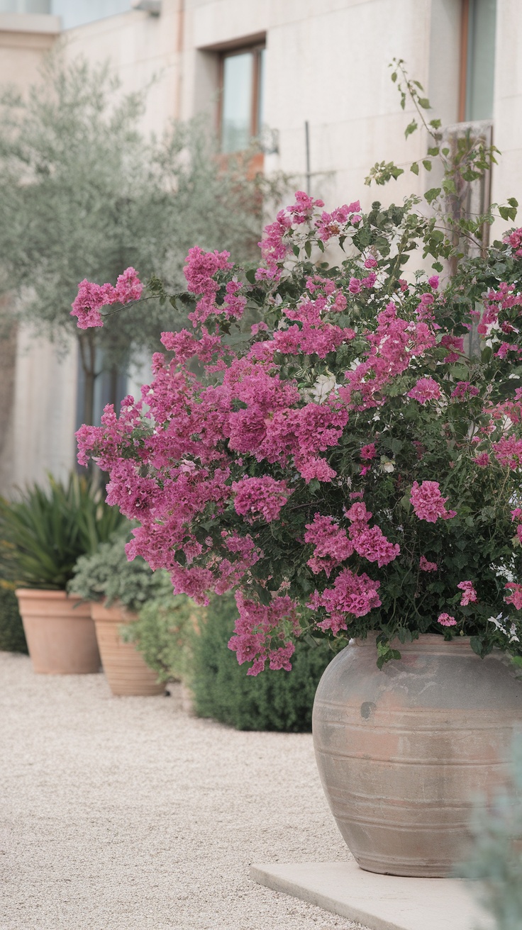 A large pot filled with blooming pink bougainvillea flowers, surrounded by green plants in a garden setting.