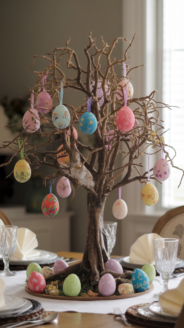 A decorative Easter egg tree with colorful eggs hanging from branches.
