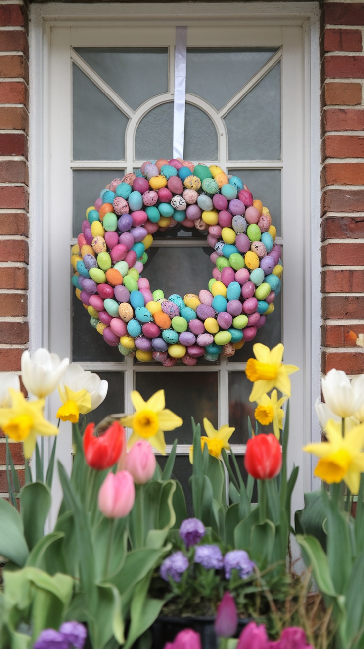 A colorful egg wreath made of pastel eggs, hanging on a door with flowers below.