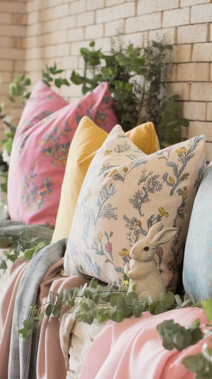 Colorful throw pillows on a mantel with a decorative rabbit and greenery.