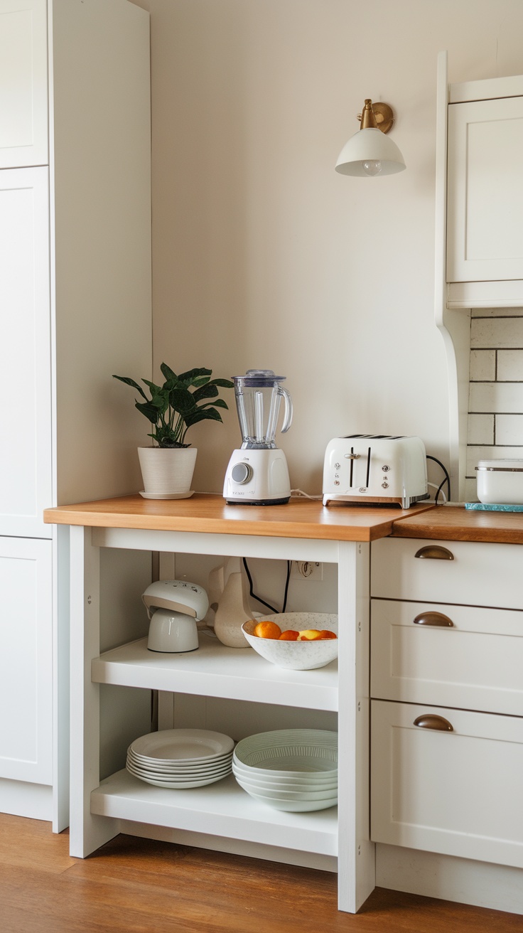 Compact kitchen island with appliances and plants in a small kitchen setting