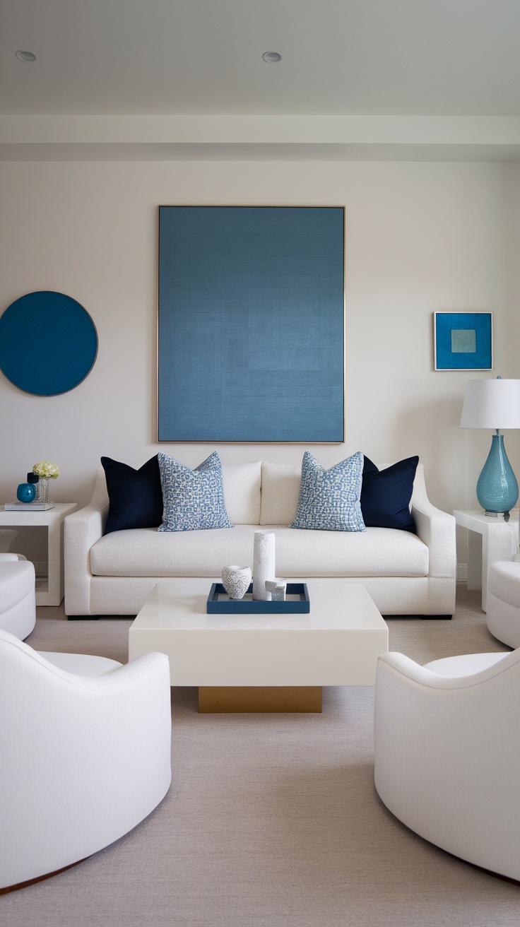 A contemporary living room featuring blue art pieces and Hamptons style decor.