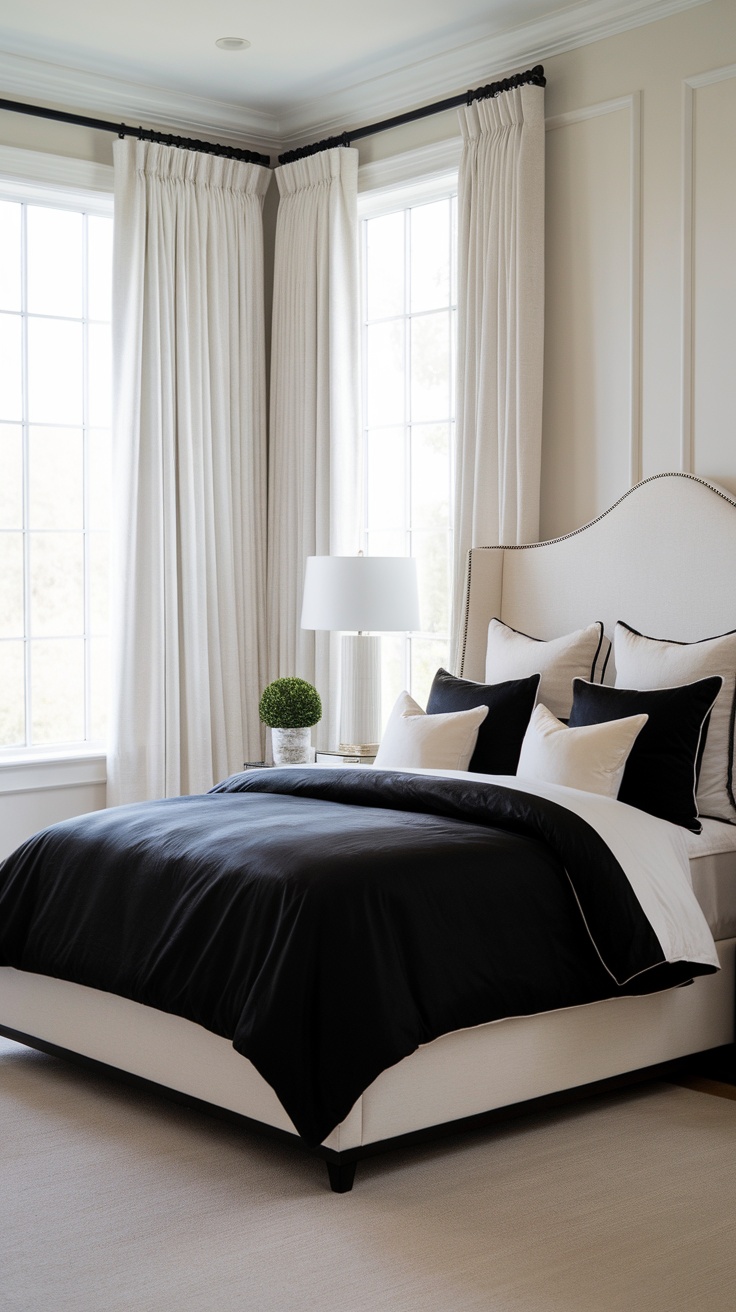 A stylish bedroom featuring a black and white bedding combination with natural light.