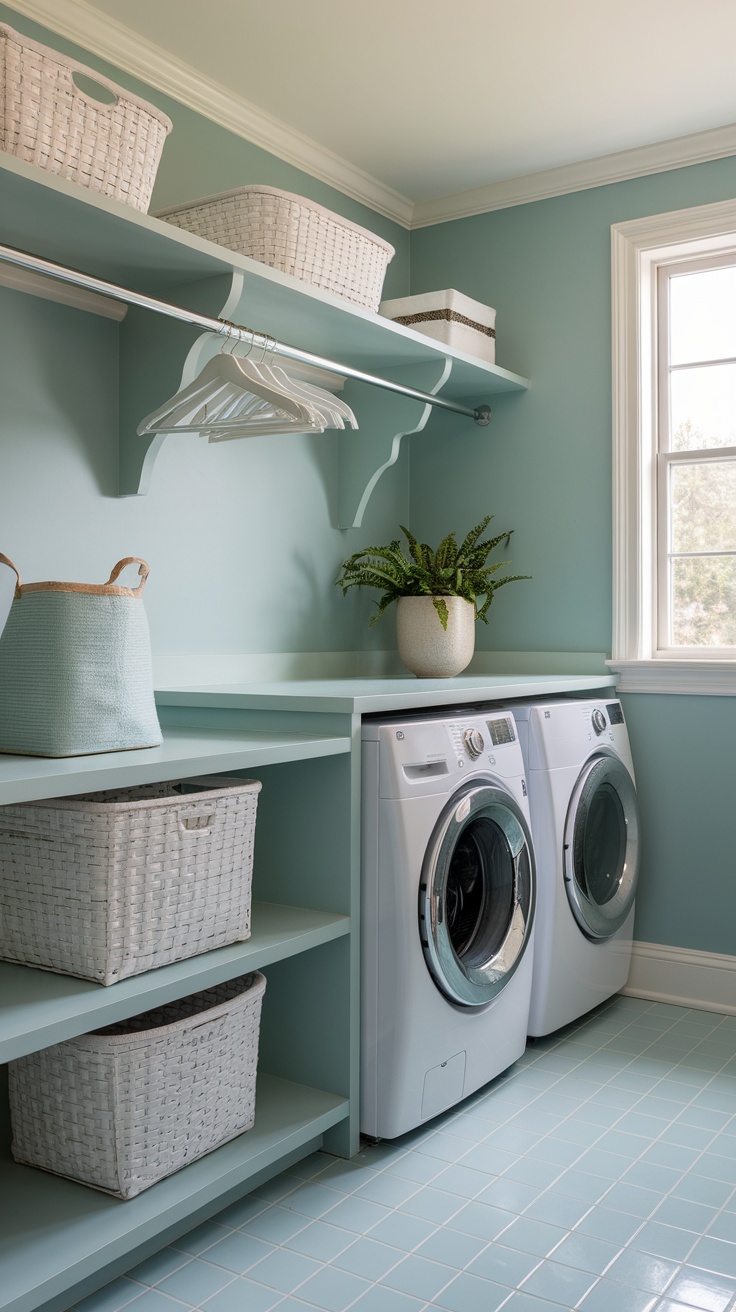A coordinated color palette in a farmhouse laundry room featuring pale blue walls, white shelving, and natural woven baskets.