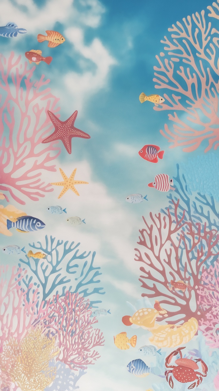 Colorful coral reef wallpaper featuring various fish and corals.