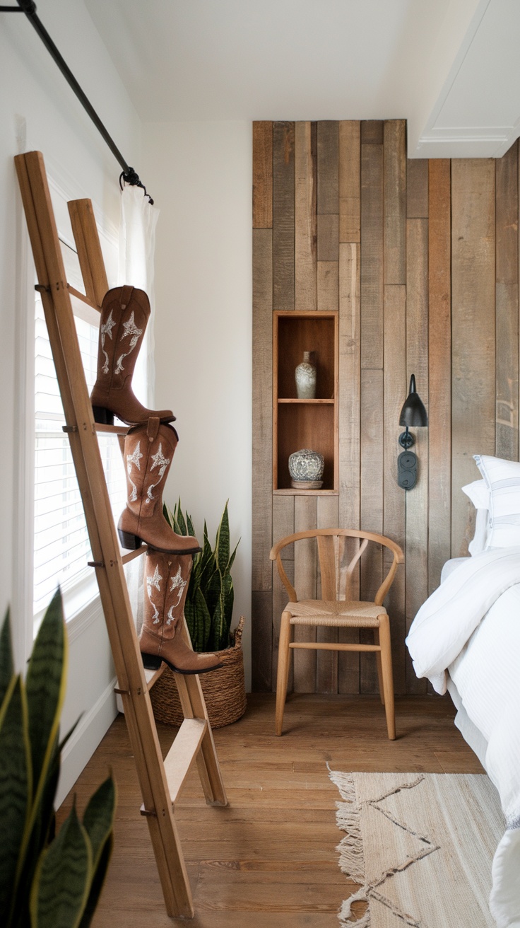 A cozy coastal bedroom featuring cowgirl boots hanging from the ceiling as decor.