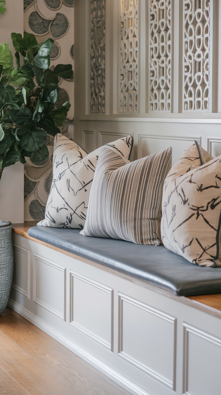 Cozy bench seating with decorative pillows and a plant in an entryway.