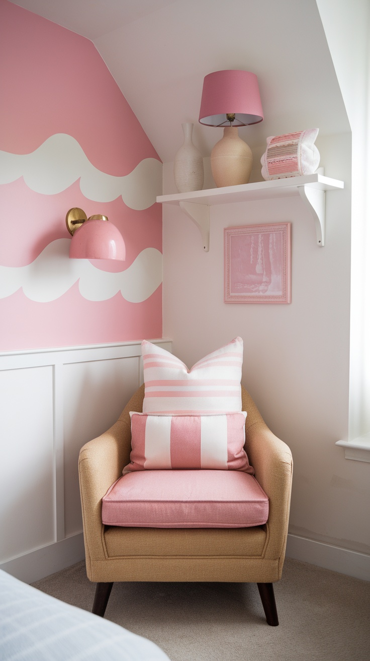 Cozy reading nook with a striped chair and nautical decor