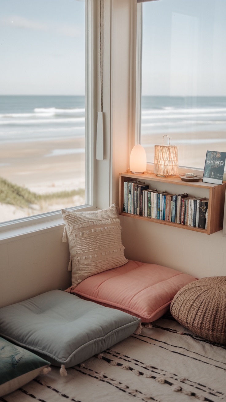 A cozy reading nook with cushions and a bookshelf overlooking the beach.