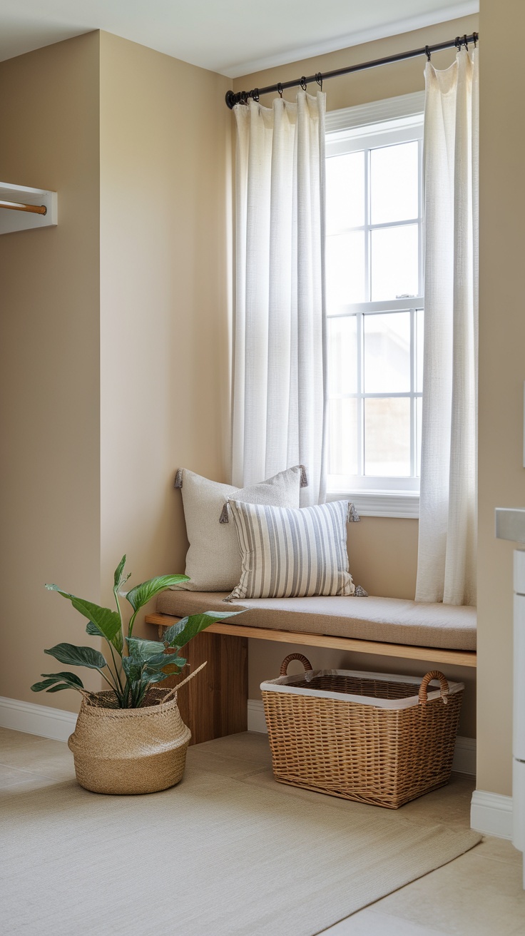 Cozy seating area in a farmhouse laundry room with a bench, cushions, and plants.