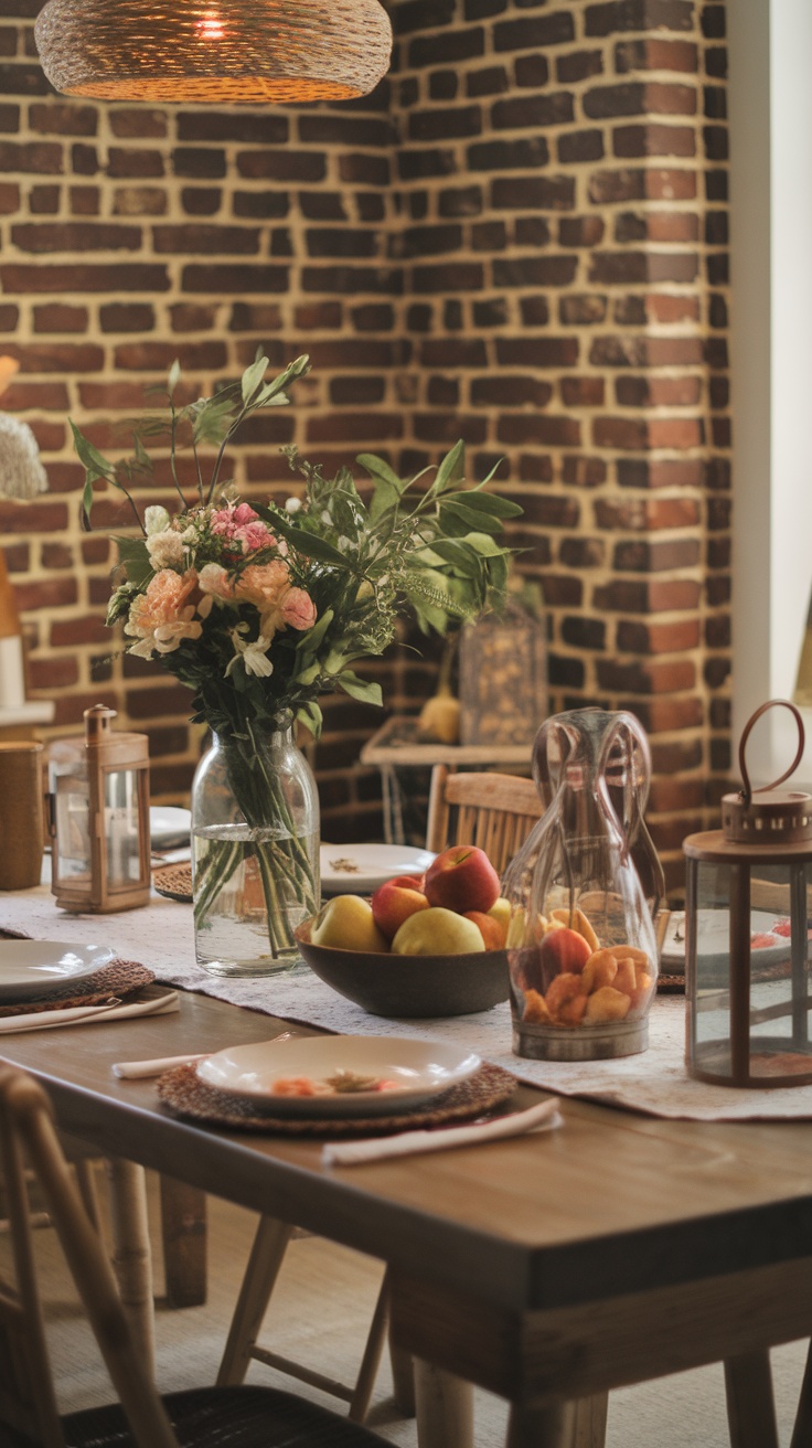 A cozy farmhouse dining table with textured settings, featuring a floral centerpiece and a bowl of fruits.
