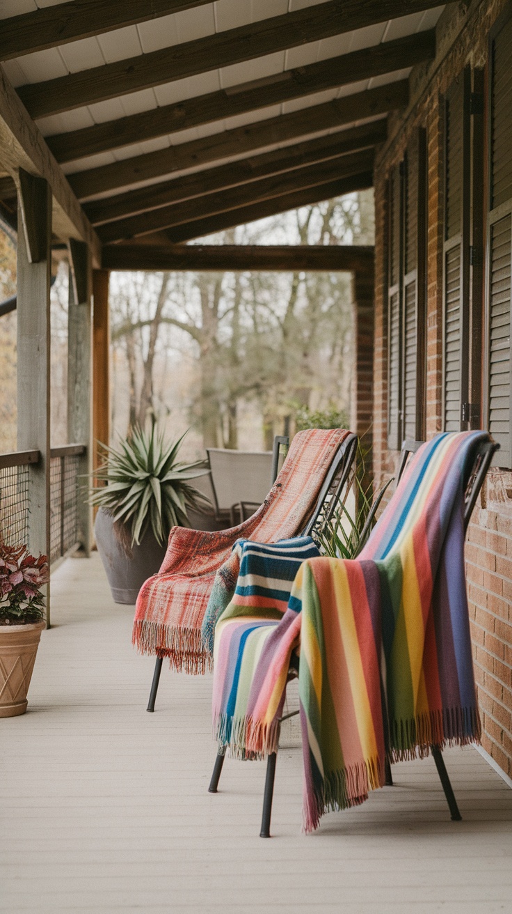 Two chairs on a porch with colorful throw blankets draped over them, surrounded by greenery.