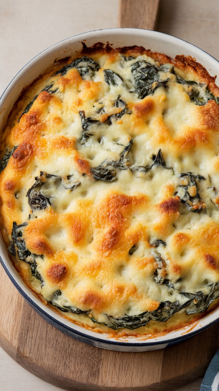 A close-up of creamy spinach gratin with a golden, crispy top.