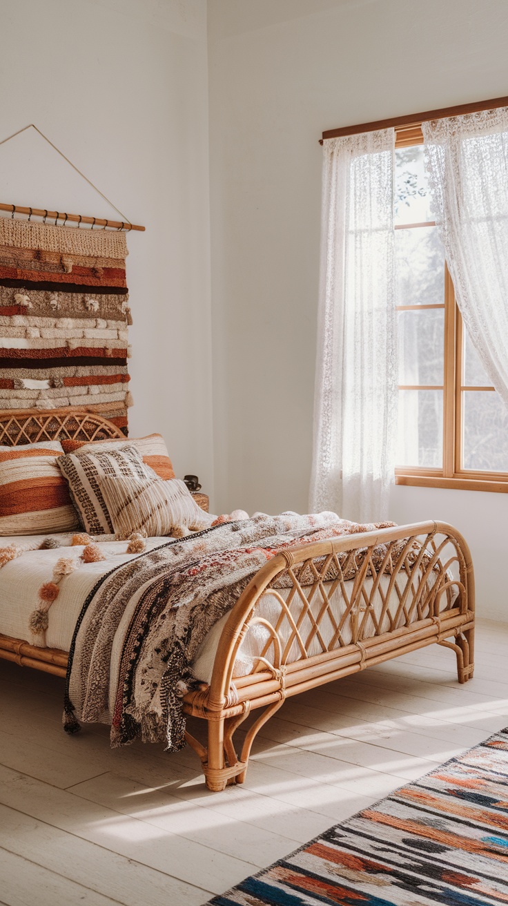 A rattan bed adorned with colorful throws and cushions in a bright bedroom.