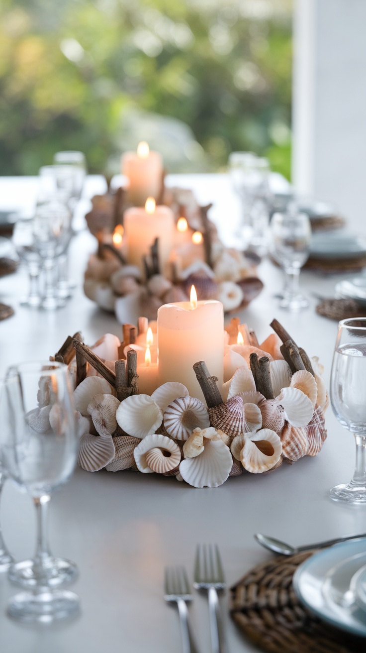 Coastal dining room centerpiece with shells and candles.