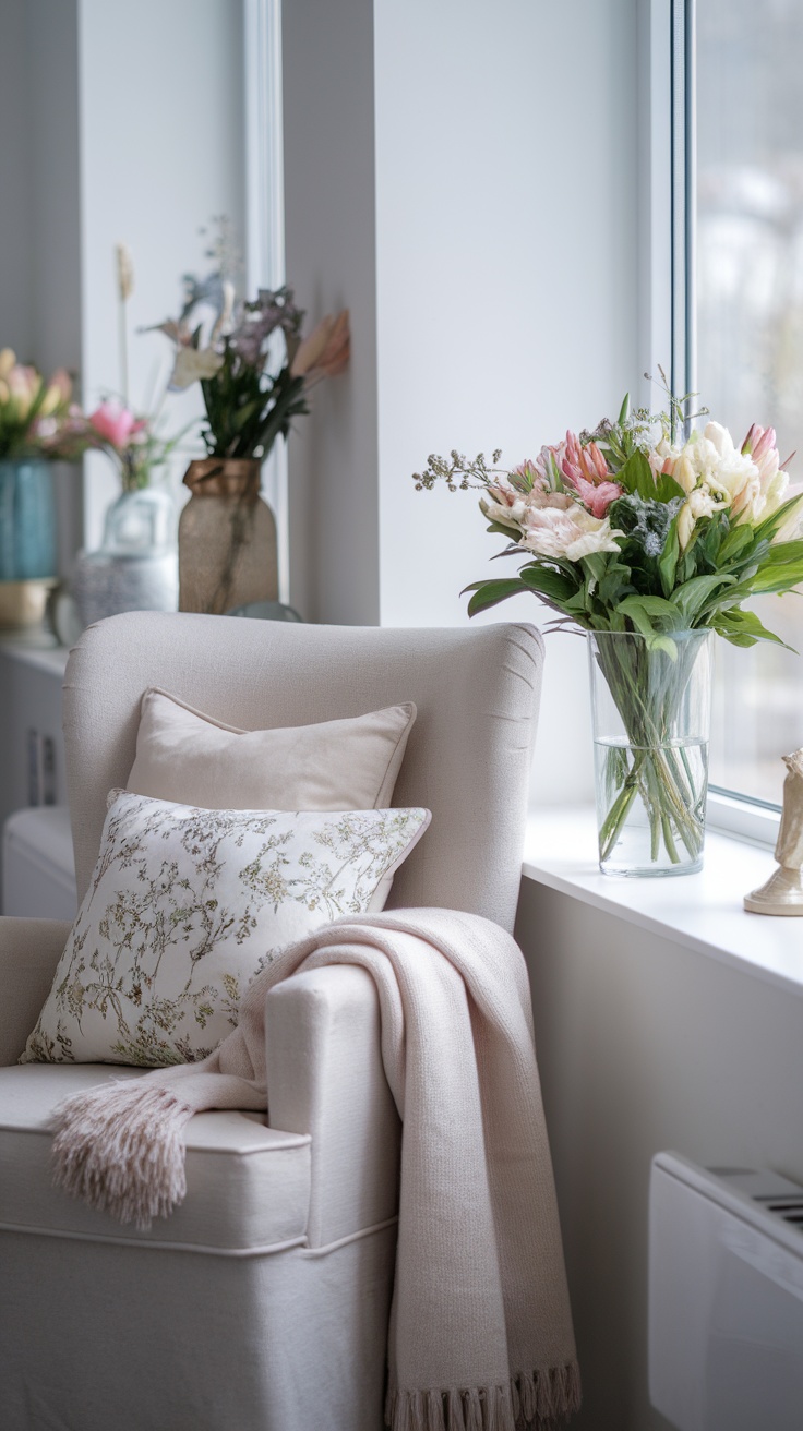 A cozy nook with a comfortable chair, decorative pillows, a soft blanket, and fresh flowers by the window.