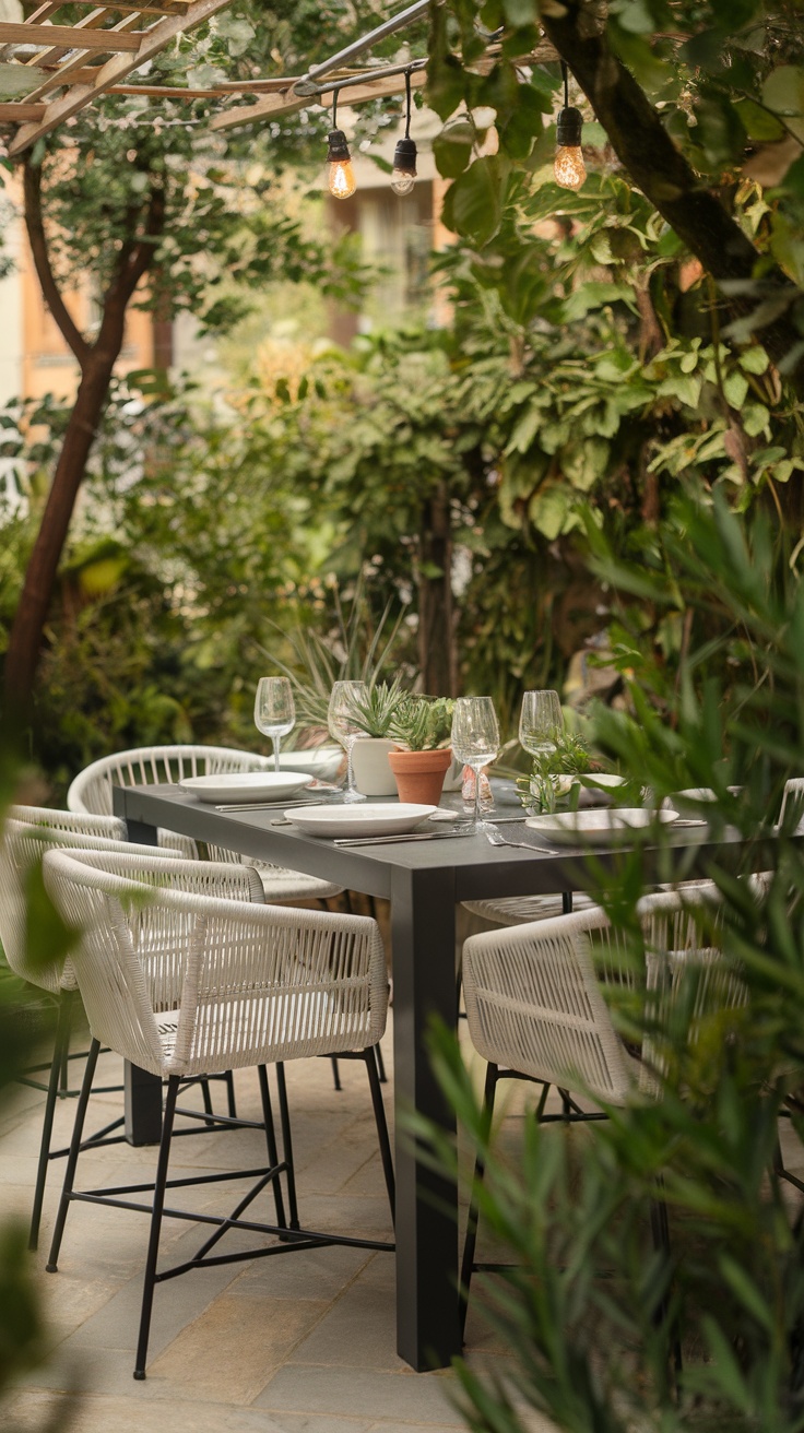 Cozy outdoor dining space with a table surrounded by chairs, decorated with plants and soft lighting.