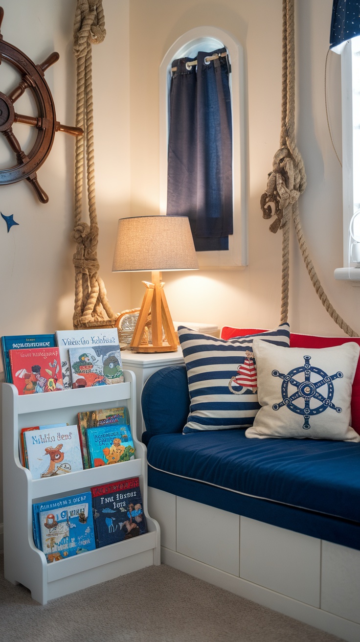 Cozy reading nook with nautical theme, featuring striped cushions and a bookshelf of children's books.