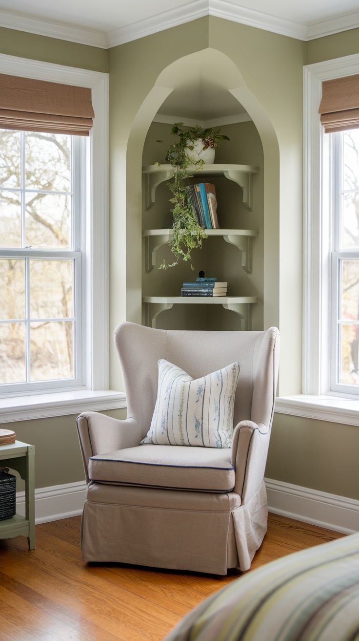 Cozy reading nook with sage green walls, a comfortable chair, and bookshelves.