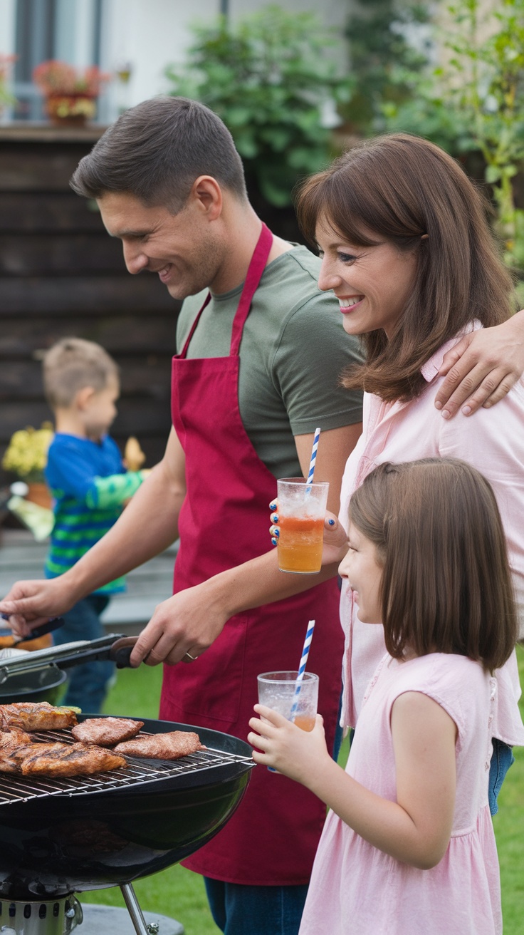 A family enjoying a backyard grilling session with kids playing in the background.