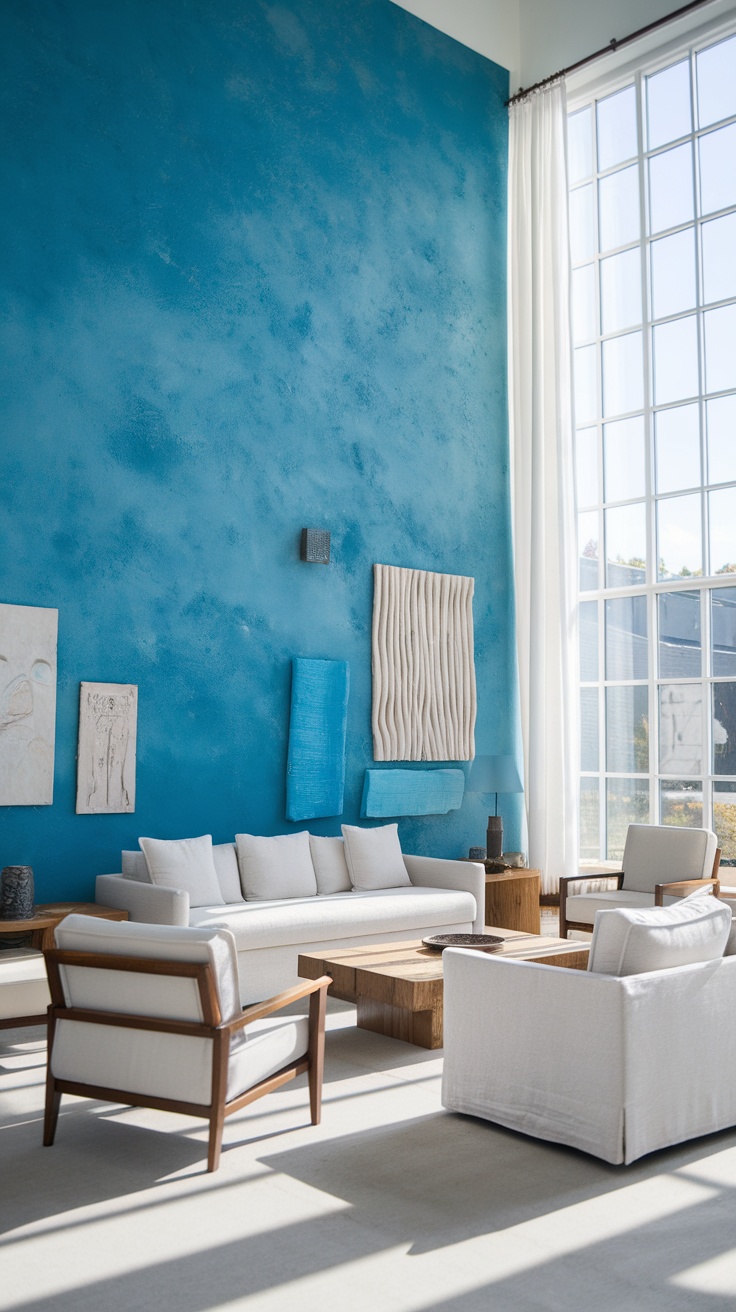 Blue wall in a modern living room with white furniture and art pieces.