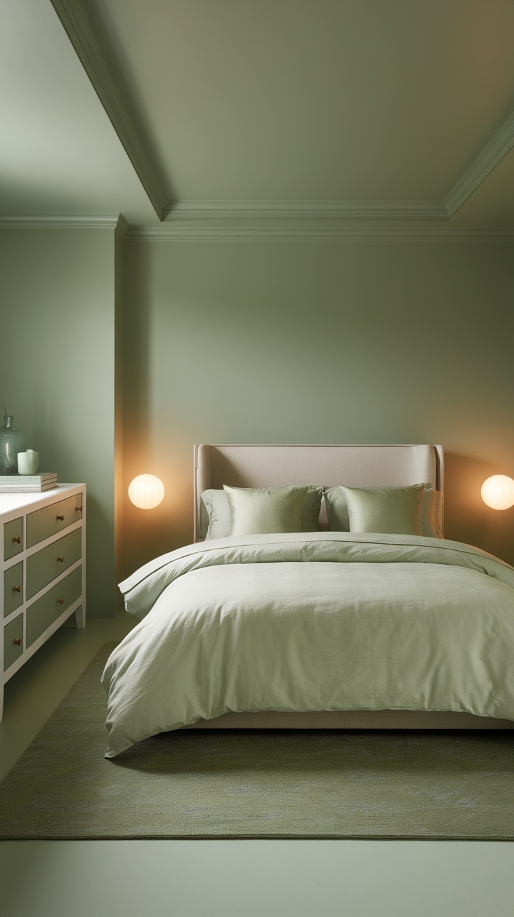 A serene sage green bedroom with a cozy bed and soft lighting.