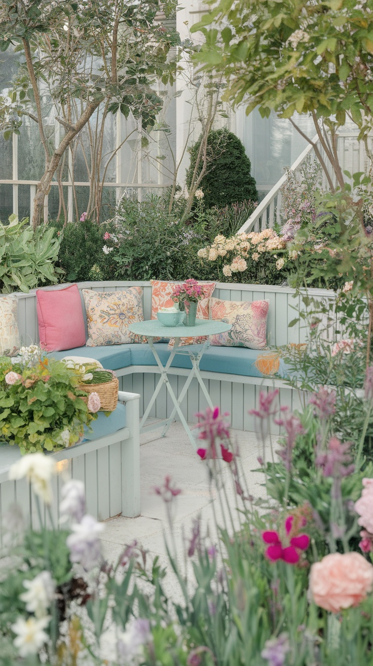 A cozy seating area in a small garden with cushions, a table, and surrounded by flowers.