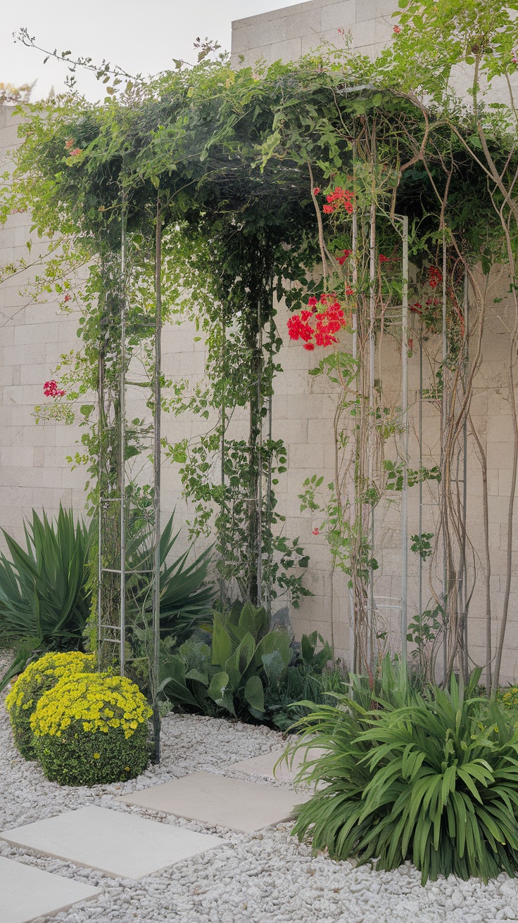 A small garden featuring a trellis adorned with greenery and vibrant flowers, surrounded by lush plants and stones.