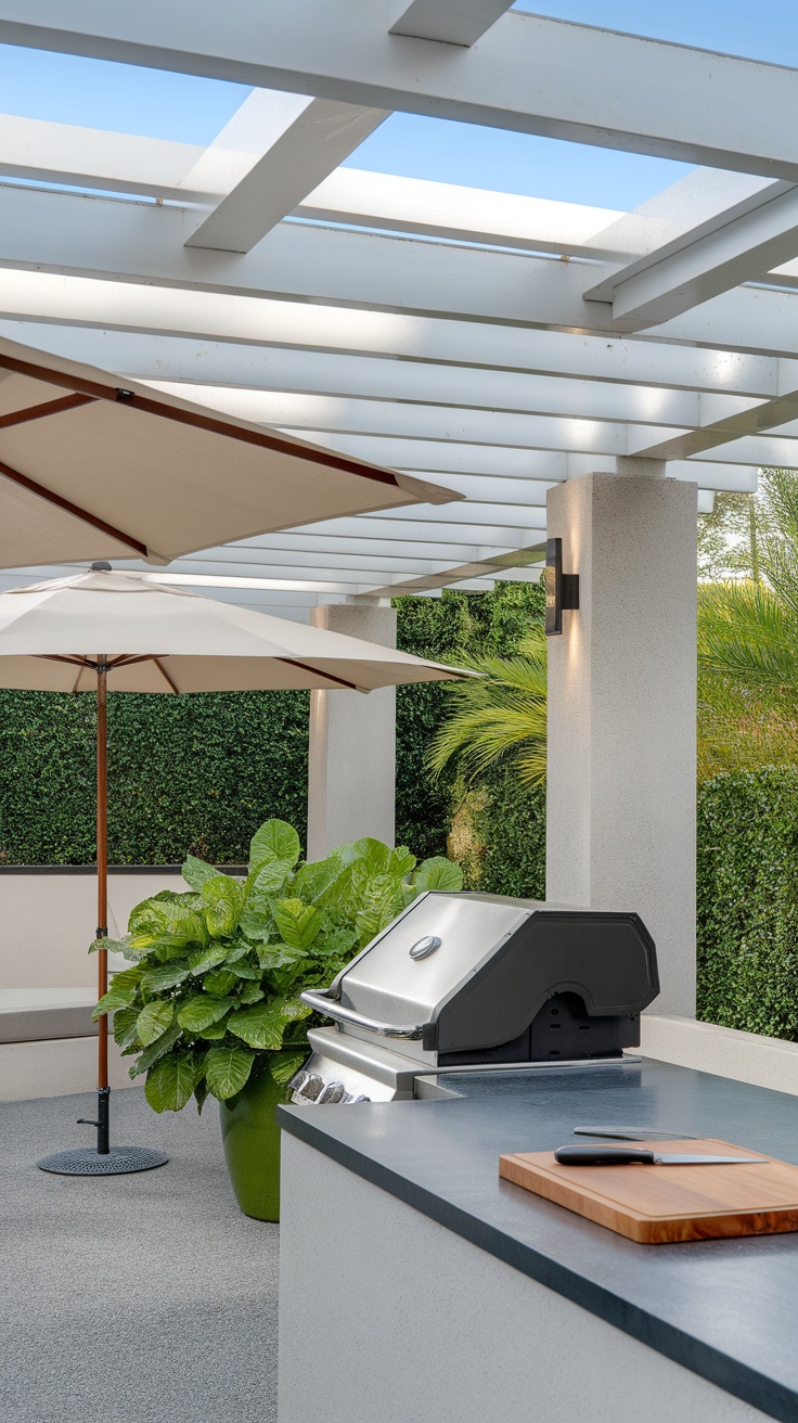 A backyard grilling area with a canopy, grill, and plants.