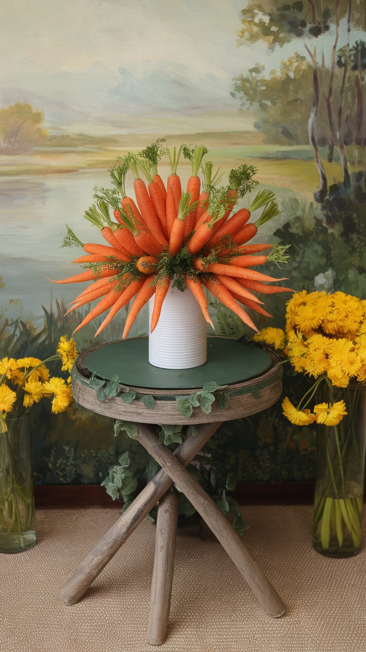 A vibrant carrot bouquet in a white vase on a rustic table, surrounded by yellow flowers.