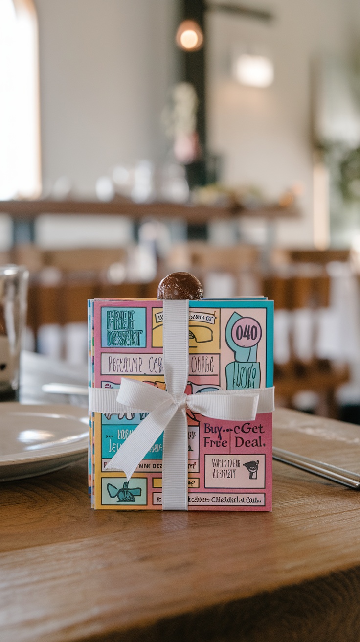 A colorful coupon book tied with a ribbon, ready for gifting.