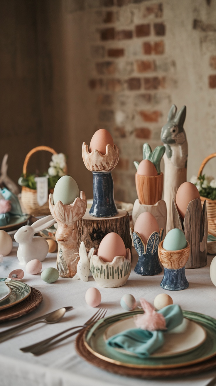 A beautifully arranged Easter tablescape featuring various colorful egg holders and decorative elements.