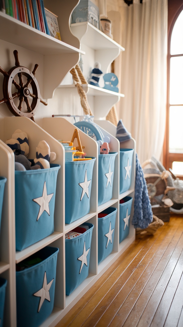 Nautical nursery storage with blue bins and star designs.