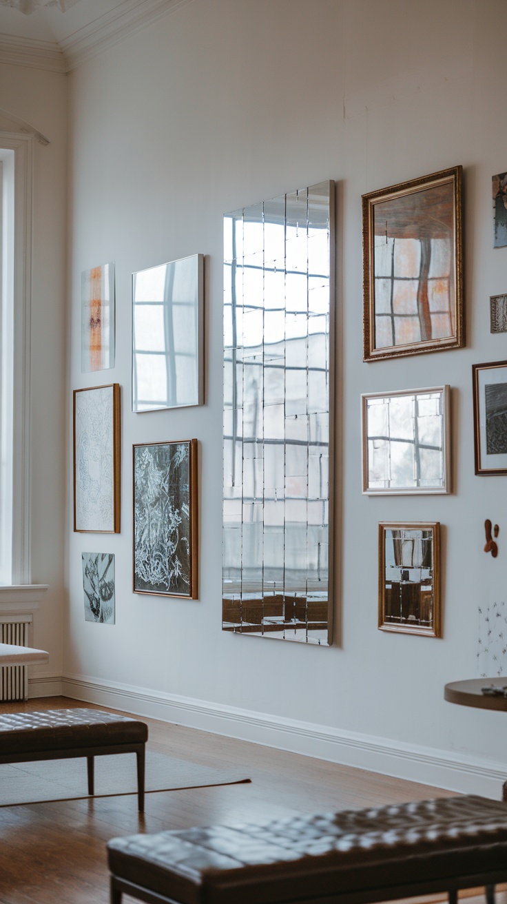 Gallery wall featuring a mix of mirrors and framed art.