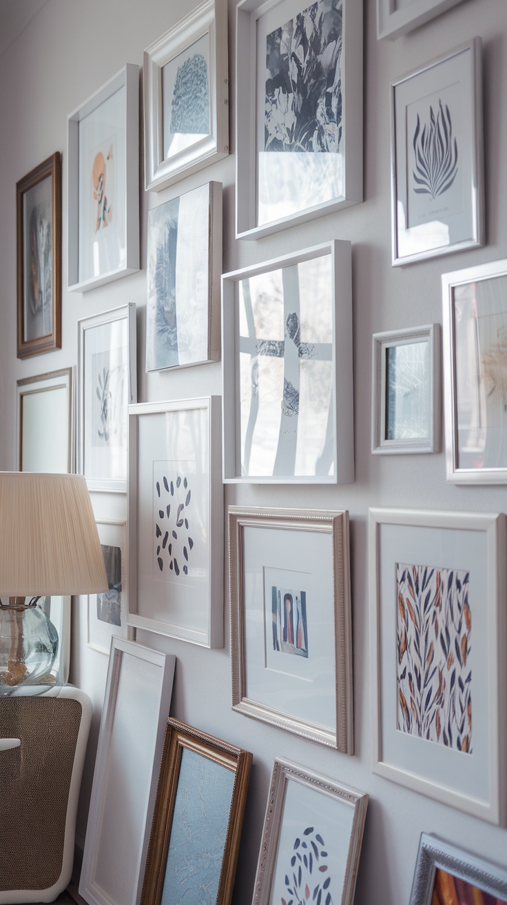 A creative wall art arrangement featuring various framed artworks in different styles and colors.