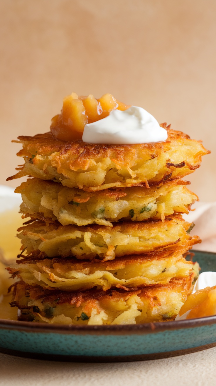 A stack of crispy potato latkes topped with sour cream and applesauce.