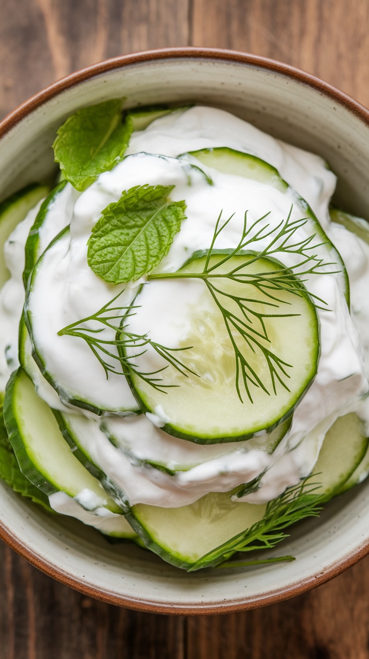 A bowl of cucumber slices layered with yogurt and garnished with fresh herbs.