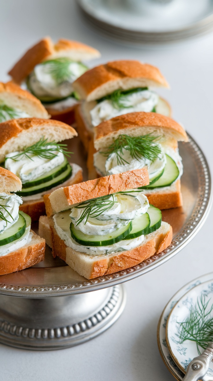 A platter of cucumber sandwiches with dill on a decorative stand.