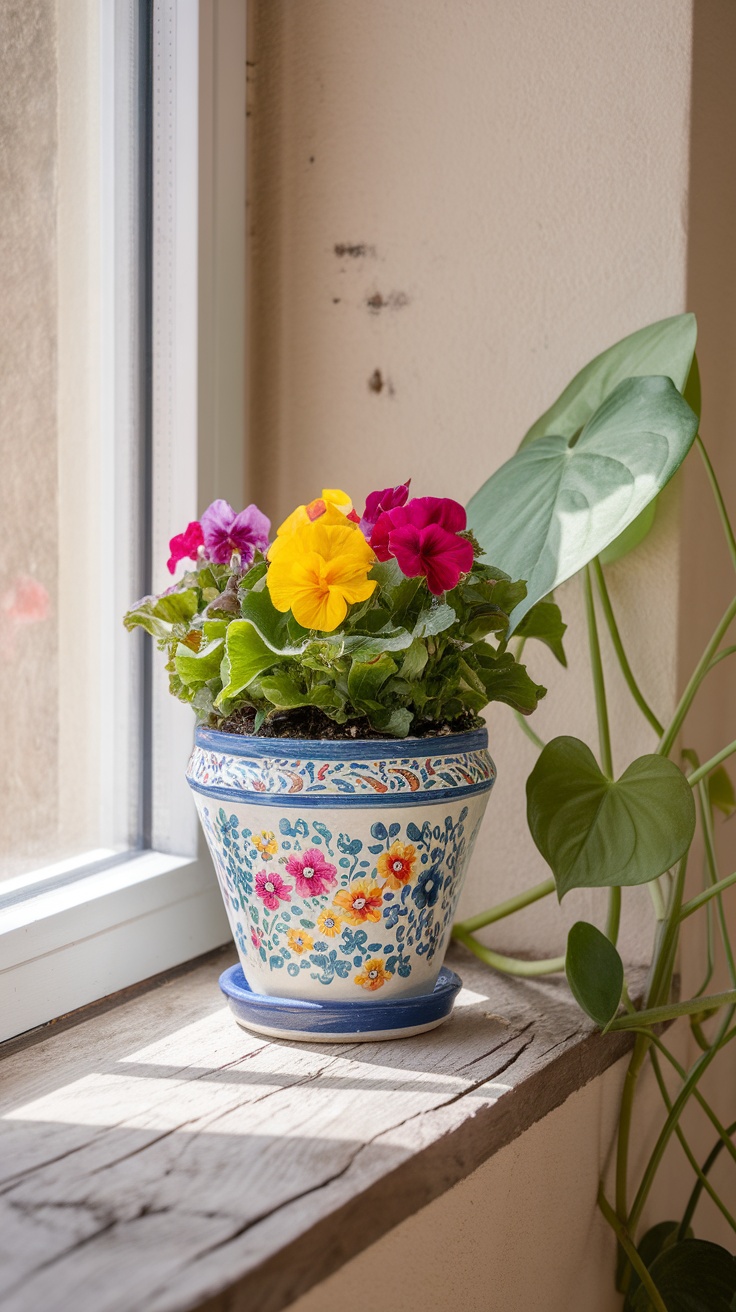 Colorful flower pot with pansies placed on a wooden windowsill.