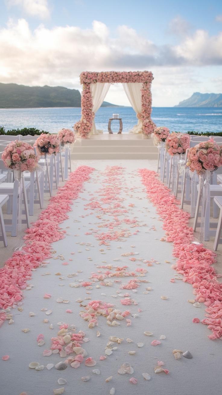 Customized beach wedding aisle decorated with rose petals and floral arrangements