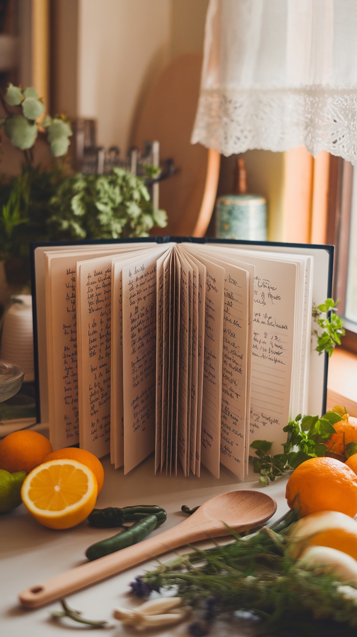 A personalized recipe book opened on a table surrounded by fresh ingredients.