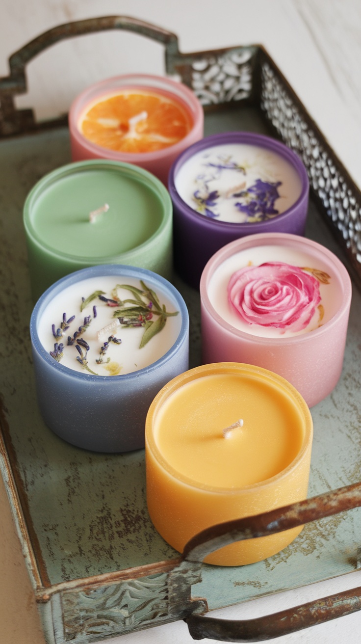 Colorful, customized scented candles arranged on a tray with floral and citrus decorations.