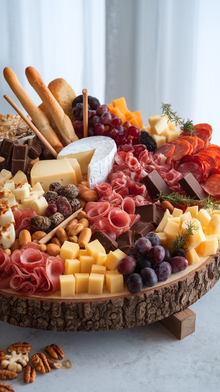 A beautifully arranged charcuterie board featuring various cheeses, chocolates, meats, and fruits.