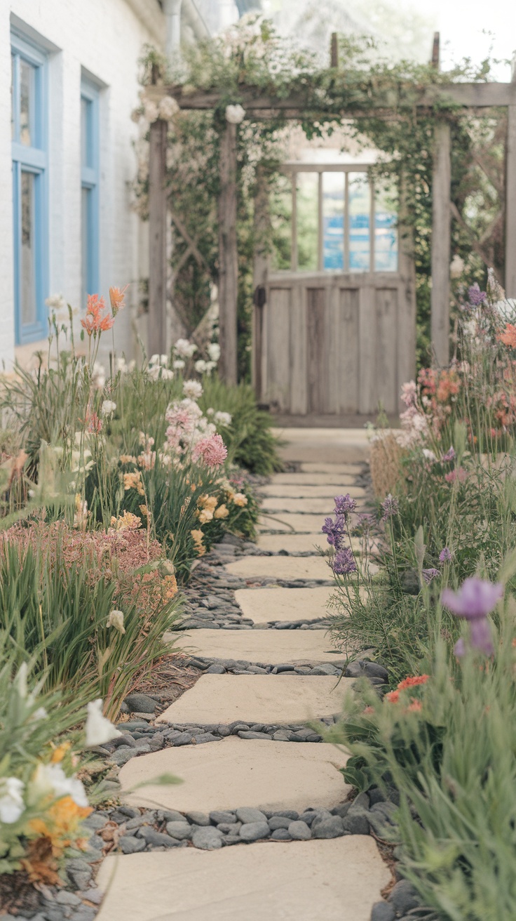 A decorative garden pathway lined with flowers and stones.