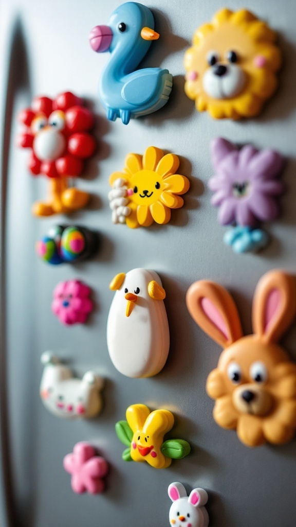 Colorful decorative magnets with family photos on a refrigerator.